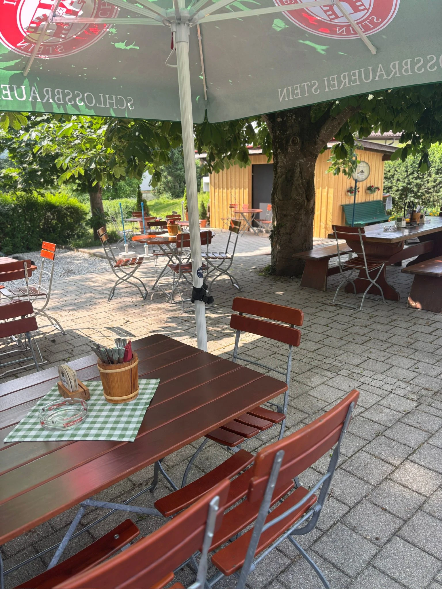 Kastanienbiergarten vom Wirtssepperl mit Biertischen unter alten Kastanien
