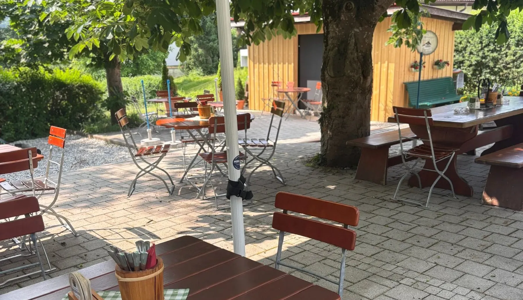Biertische und Stühle unter den alten Kastanien im Biergarten